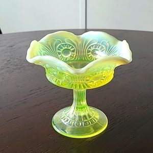 Rare Yellow Iridescent Carnival glass candy compote dish excellent condition HTF